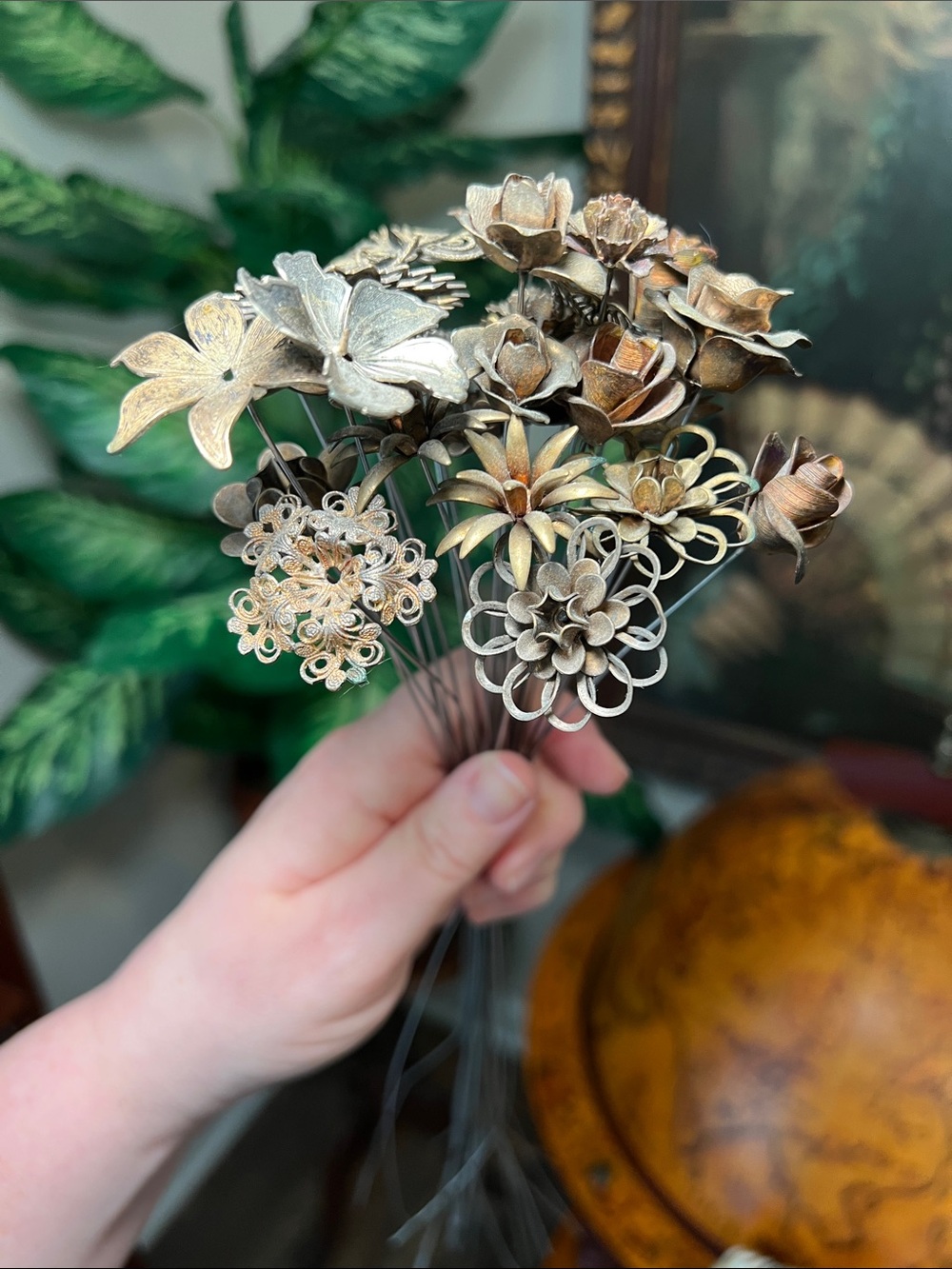VTG Antique Metal Filigree Openwork Flowers Bouquet Stems Millinery Bridal Craft